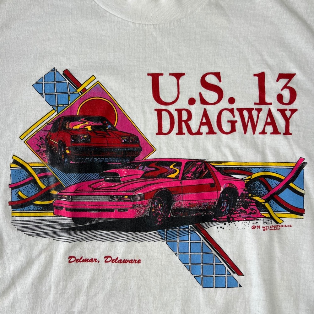 Vintage 1994 U.S. 13 Dragway Racing T-Shirt Mens Large White Single Stitch USA